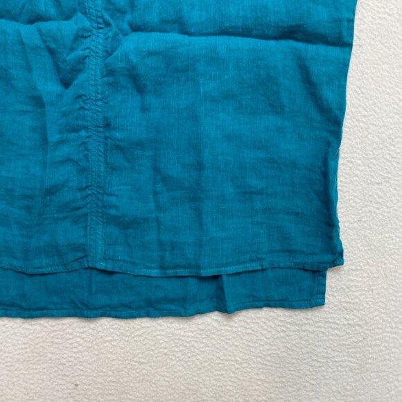 Tahari Top Womens M Teal Blue Short Sleeve Boxy Linen V Slit Neckline - Picture 4 of 11